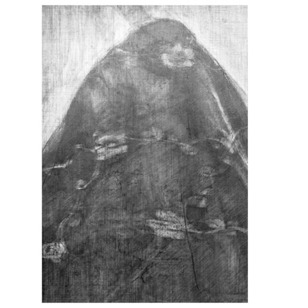 En porträtt av en kvinna delvis täckt av ett tyg utförd i blyerts.