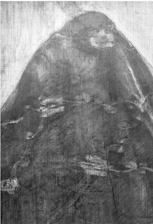 En porträtt av en kvinna delvis täckt av ett tyg utförd i blyerts.