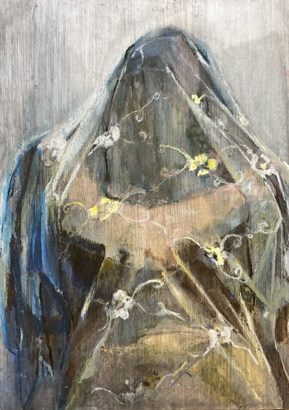 En teckning av en kvinna delvis dold av ett tygstycke, utförd i blyerts och oljepastell. 