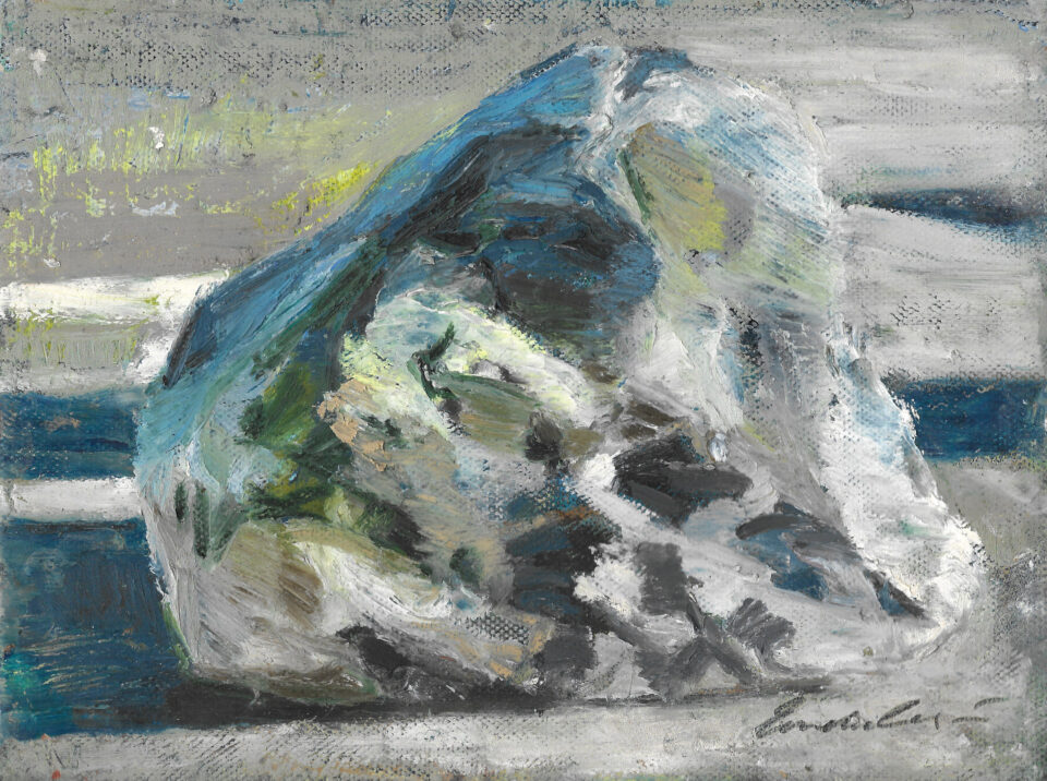 En målning av en sten, utförd i oljepastell.