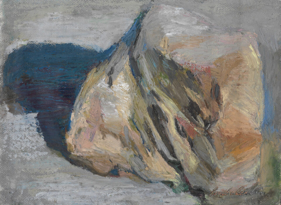 En målning av en sten, utförd i oljepastell.